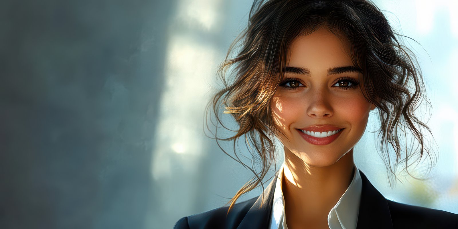 Confident woman smiling in business attire against a soft-focus urban background during daylight hours